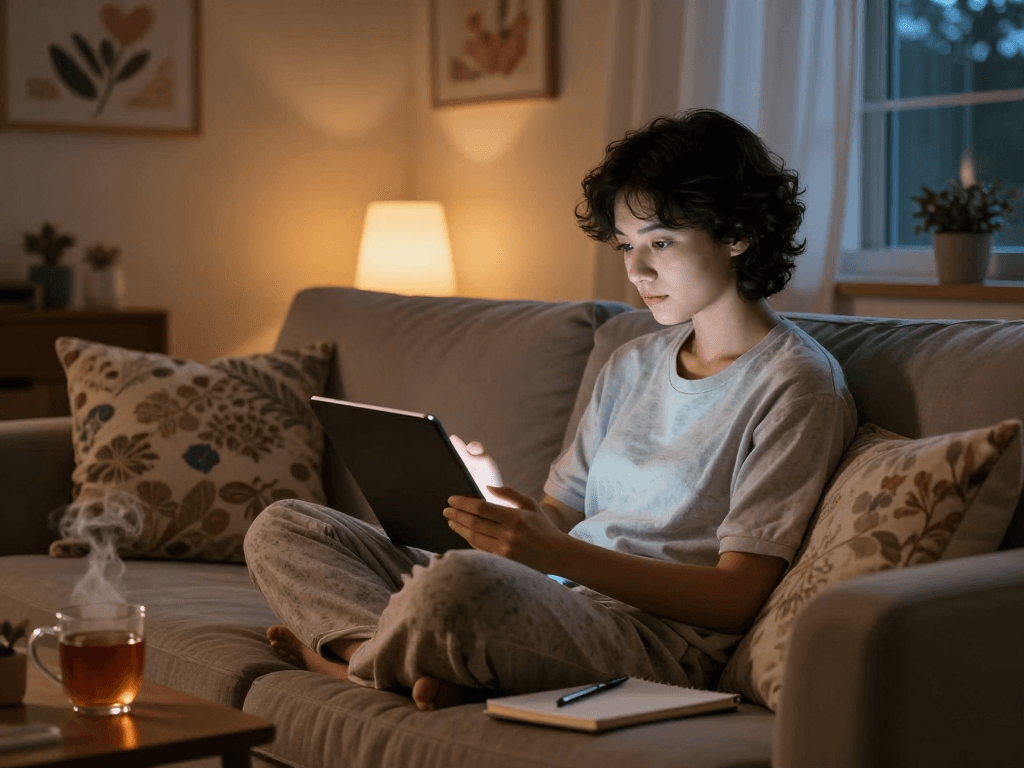 A person engaged in ai sex chat on a tablet in a cozy, dimly lit room.
