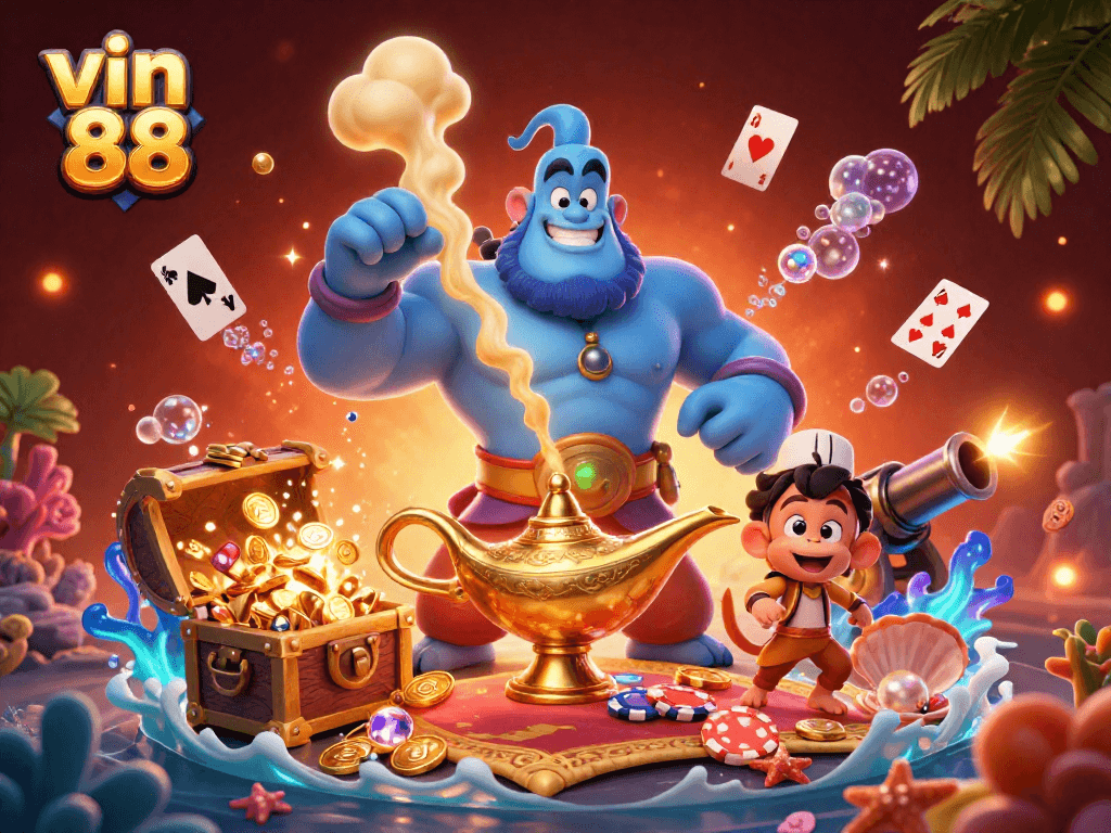 Win big with vin 88 as a blue genie bursts from a lamp in a vibrant casino illustration.