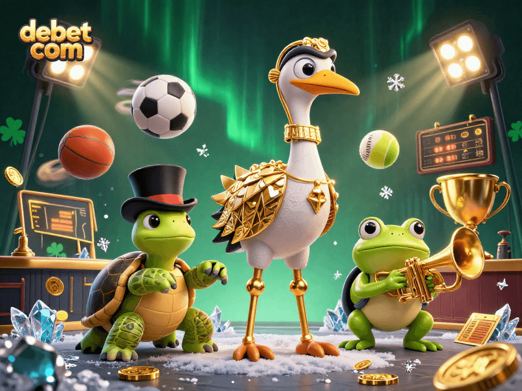 Engage with debet com at a lively casino scene featuring a whimsical crane, turtle, and frog amidst sports elements.
