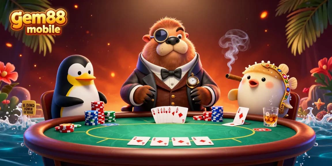 Experience thrilling card games at gem88 mobile with a jolly walrus, sophisticated dealer, and bluffing pufferfish.