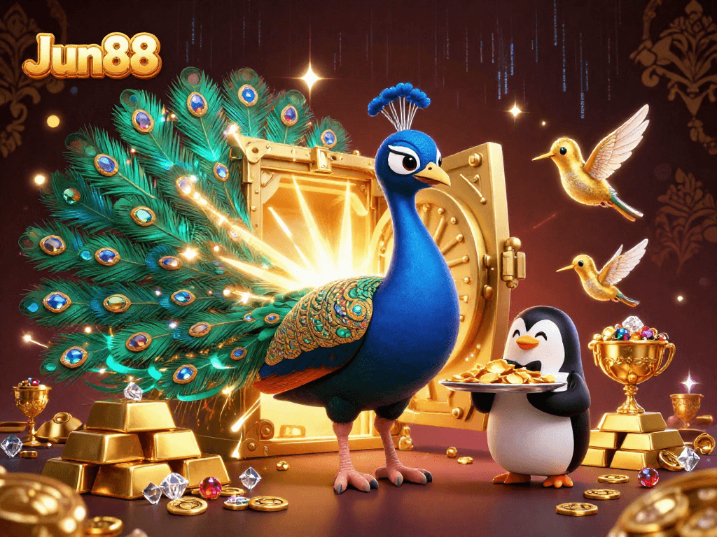 Experience the excitement of Jun88 with luxurious casino characters amidst golden treasures.