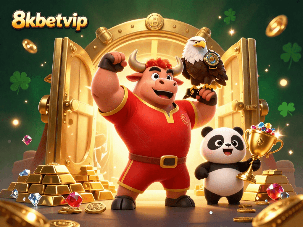 Experience the thrill of 8kbetvip with a dynamic victory scene featuring a bull mascot, eagle, and panda.