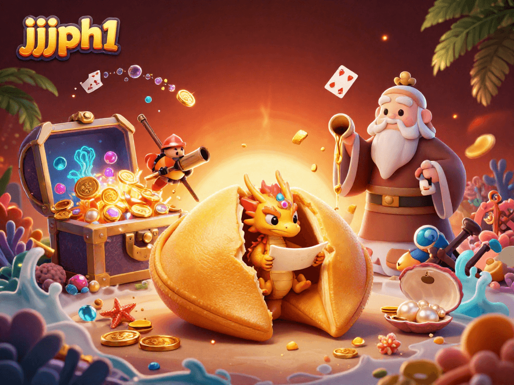 Tumaya sa jjjph1 ng masayang golden fortune cookie na may dragon at ginto na nag-aanyag ng masayang laro.