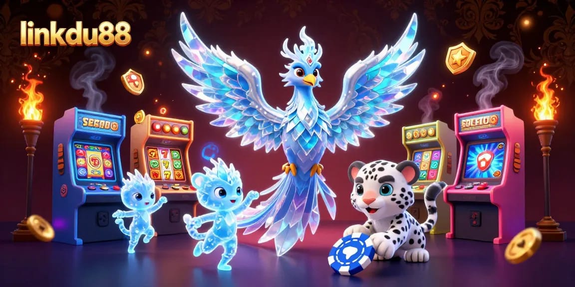 Engage with thrill at link du88 featuring a vibrant casino scene with an ice phoenix and gaming elements.