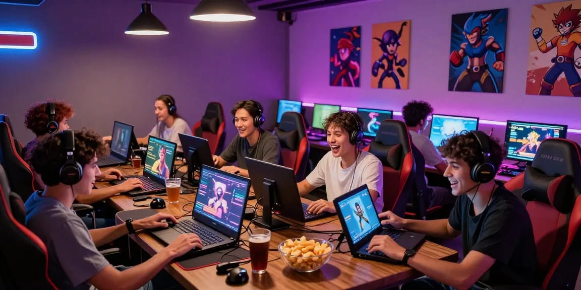 Friends enjoying online porn games in a vibrant gaming lounge atmosphere with modern devices and neon lights.