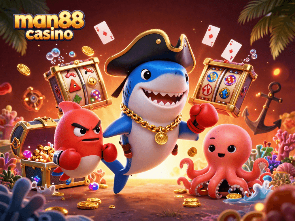 Experience fun and excitement at man88 casino with a vibrant 3D illustration of characters and gaming elements.