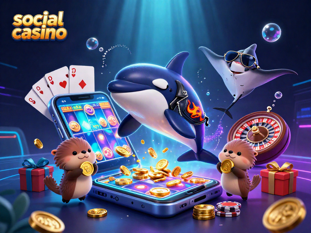 Experience thrilling adventures in social casino gaming alongside a biker orca and friends.