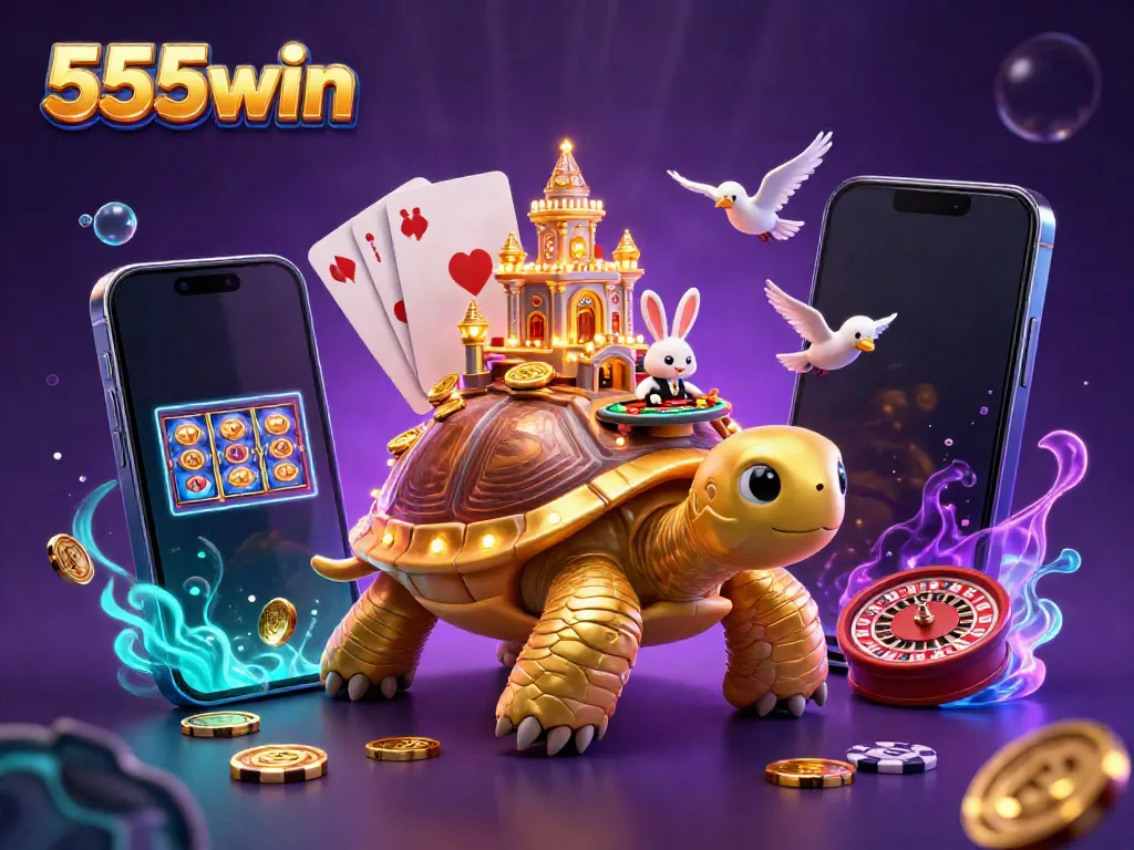 Experience immersive gameplay with 555win's vibrant casino scene featuring a golden tortoise and rabbit dealer.