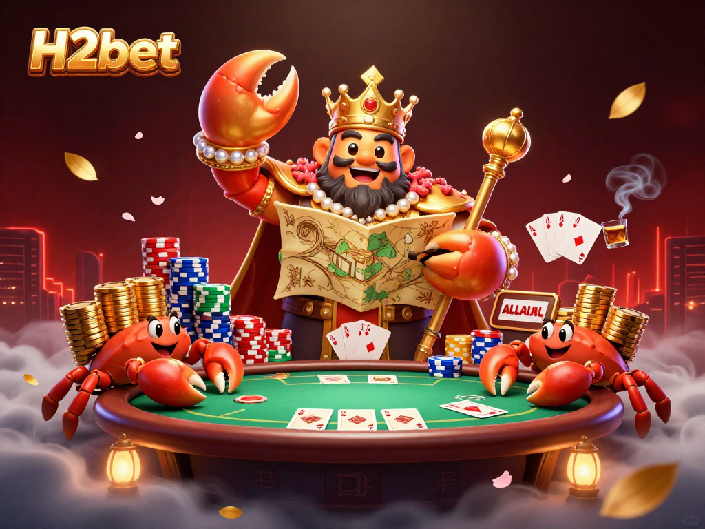 Join H2bet for an immersive poker experience featuring a golden crab emperor surrounded by vibrant casino elements.