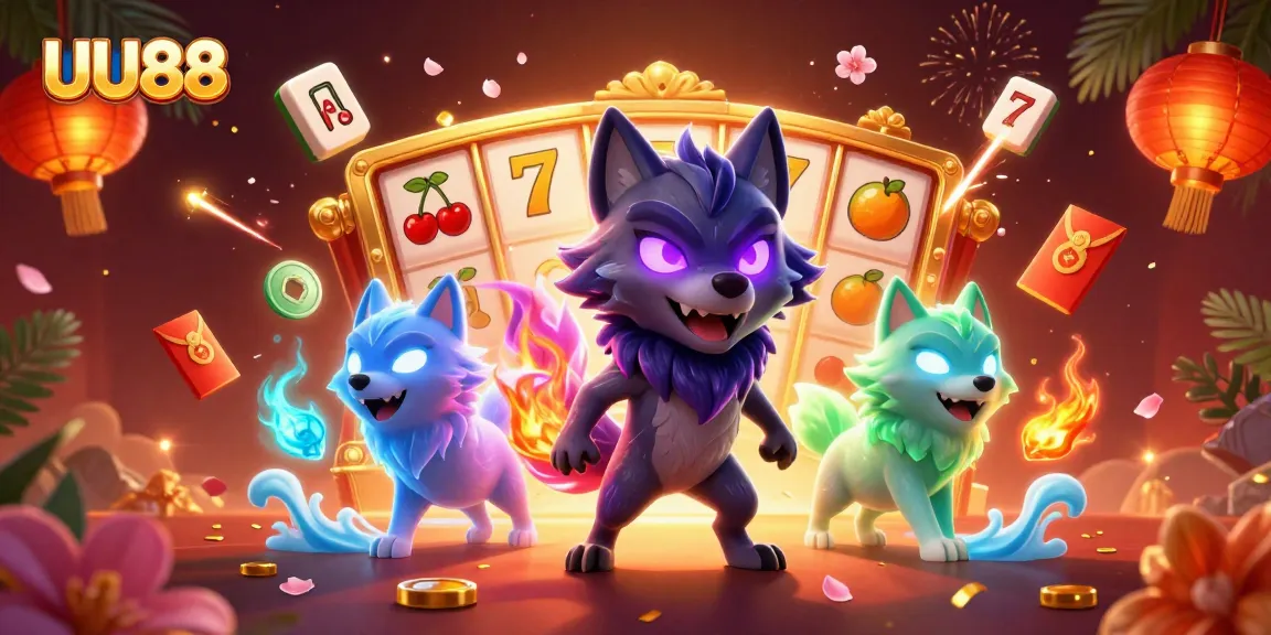 Experience slots excitement with UU88's vibrant 3D wolf-themed casino illustration.