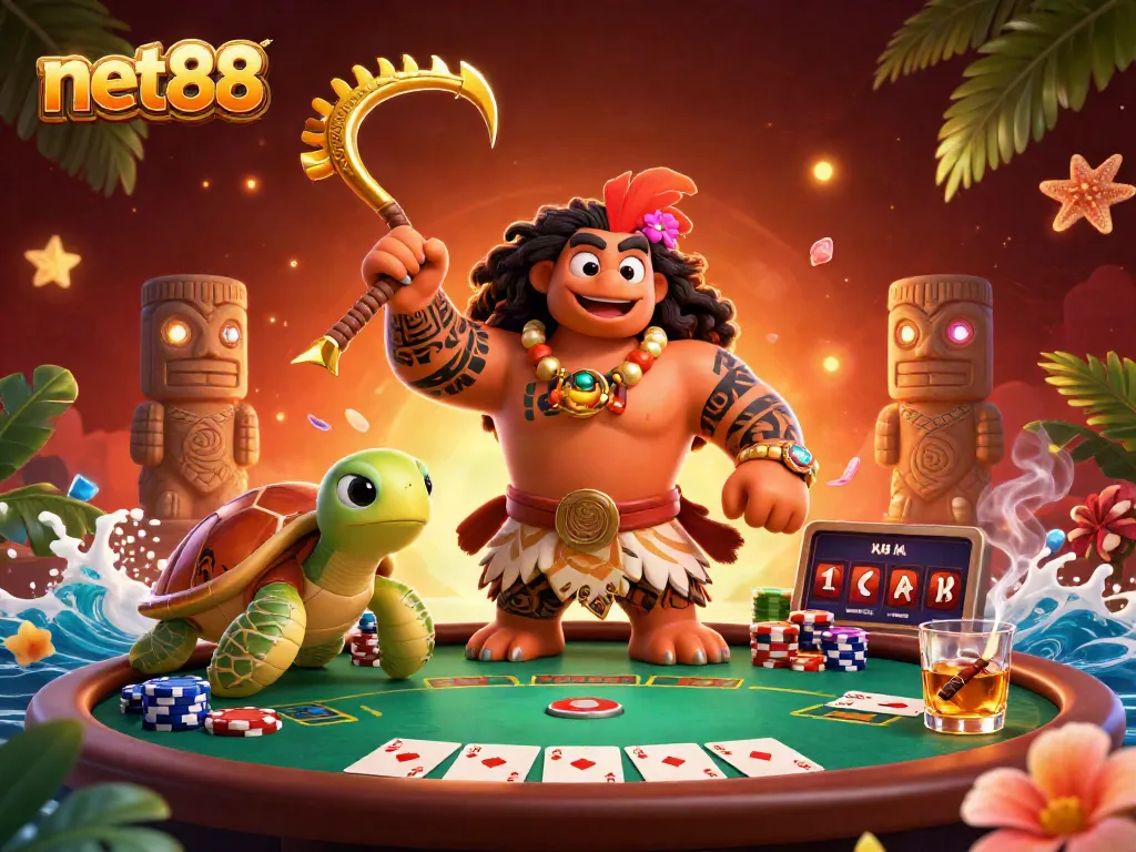 Engage with net88's vibrant poker scene featuring a demigod and turtle, surrounded by vibrant gaming elements.