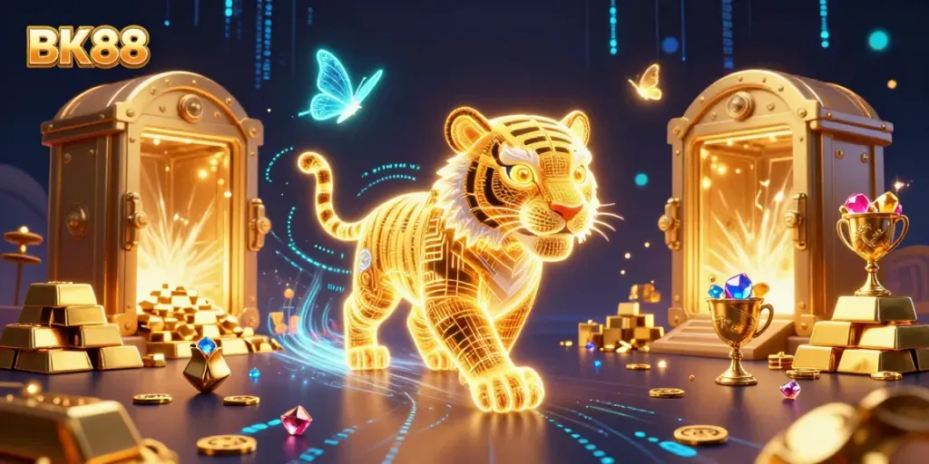 Engage with BK88 in a dazzling digital casino landscape showcasing golden treasures and vibrant neon elements.