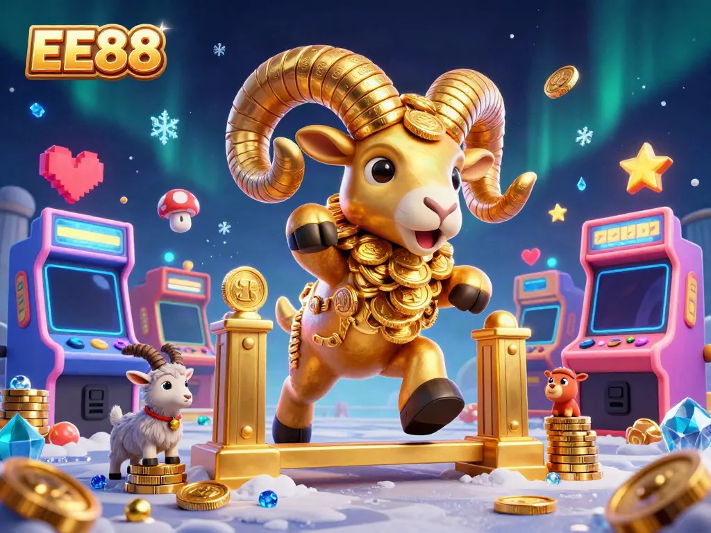 Engage with EE88's dynamic gaming scene, featuring a golden ram amid casino elements.