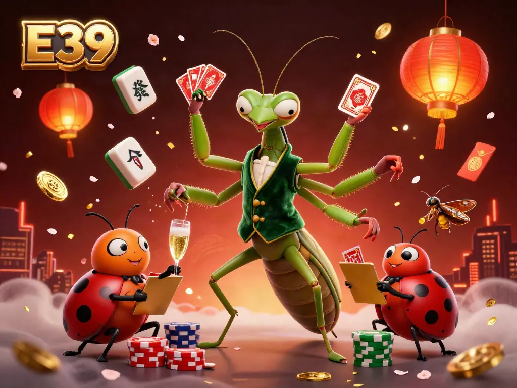 Engage with exciting E39 casino games featuring a cartoon praying mantis card sharp and ladybug pit boss.