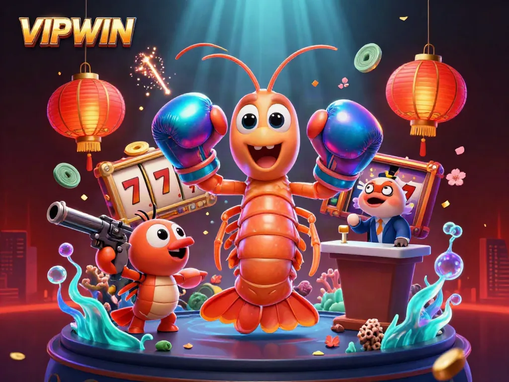 Engage with VIPWIN in a vibrant 3D casino scene featuring dynamic characters and festive elements.