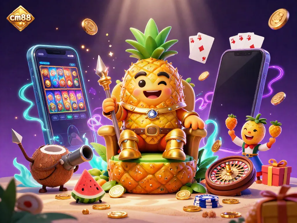 Play thrilling games at cm88 with a vibrant illustration of a tropical casino scene featuring jackpots and fun.