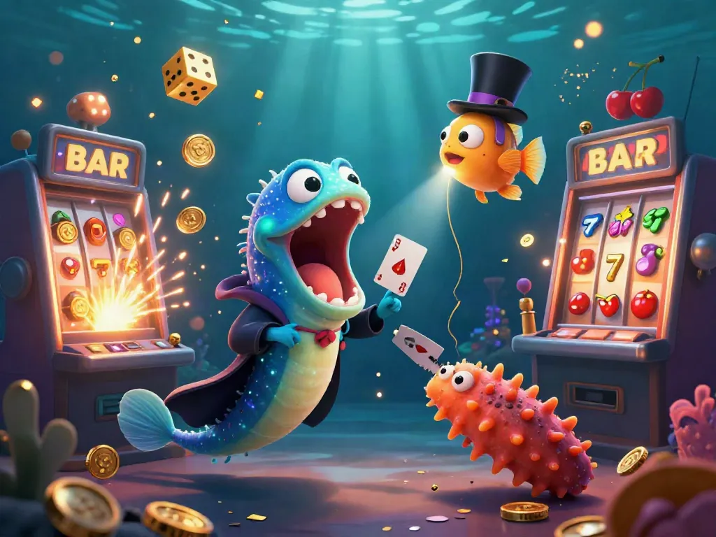 Experience excitement at GO8 casino with a magical underwater scene featuring dynamic card tricks and slot machines.