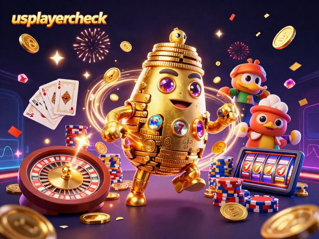 Experience thrilling gaming with usplayercheck's vibrant 3D casino illustration, featuring golden golems and lively slots.