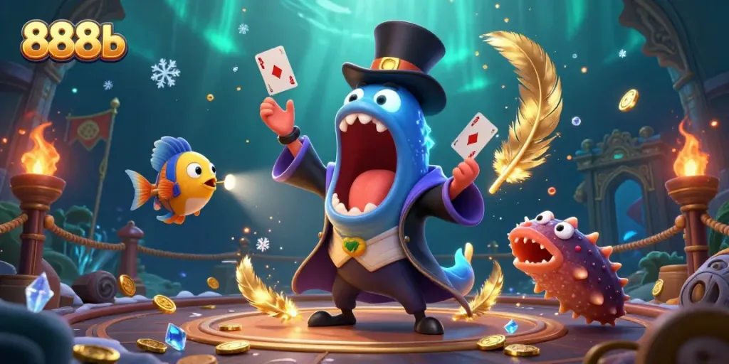 Engage with 888b's thrilling card tricks and vibrant casino atmosphere in a dynamic 3D underwater setting.