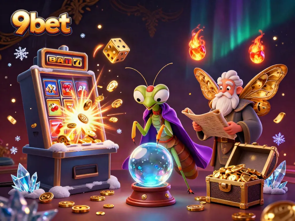 Experience thrilling wins with 9bet as a cartoon fortune teller and moth librarian conjure excitement in a vibrant casino scene.
