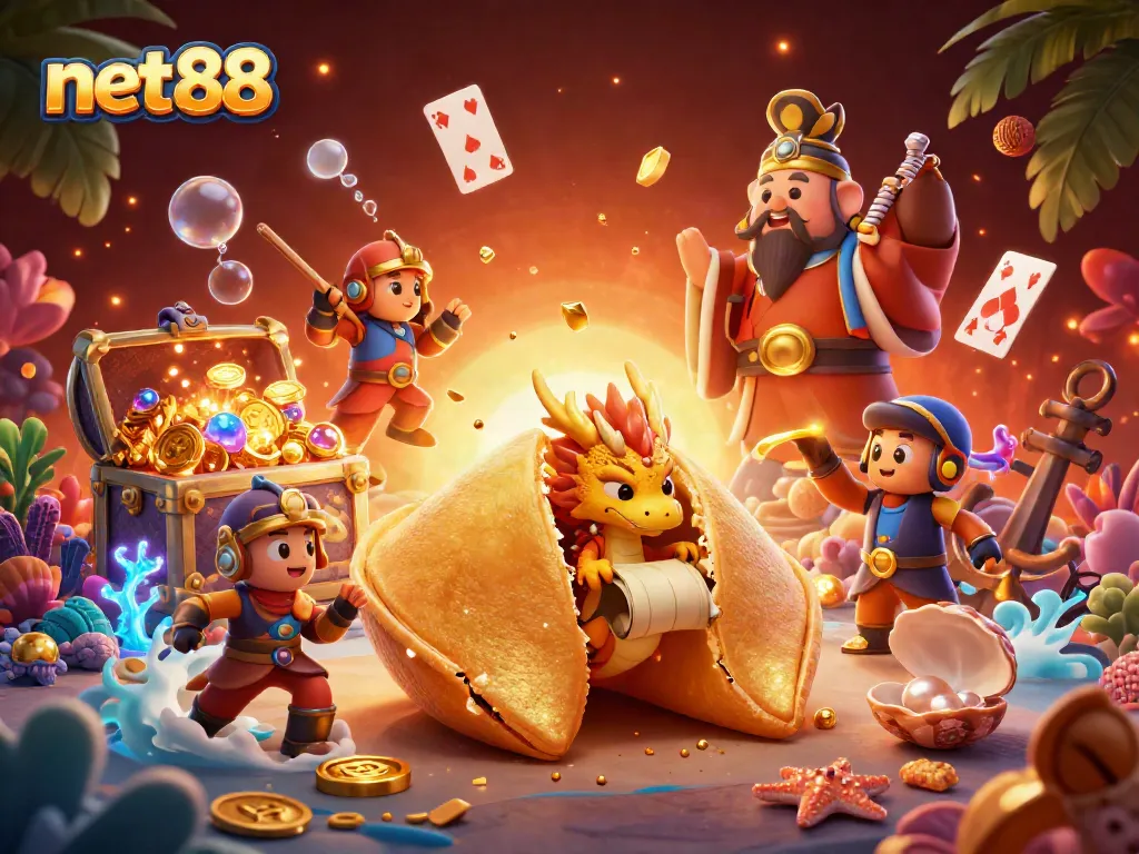 Net88 showcases a grand casino perspective with a golden cookie, dragon, and treasure scene