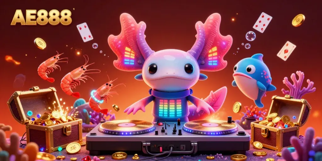 Immerse in AE888's vibrant casino atmosphere with a lively neon underwater scene featuring an axolotl DJ.