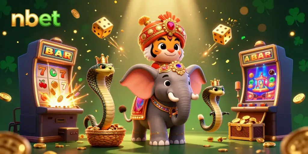 Experience the excitement of nbet with a dynamic casino scene featuring a maharaja tiger, an elephant, and a cobra amidst jackpot symbols and golden coins.