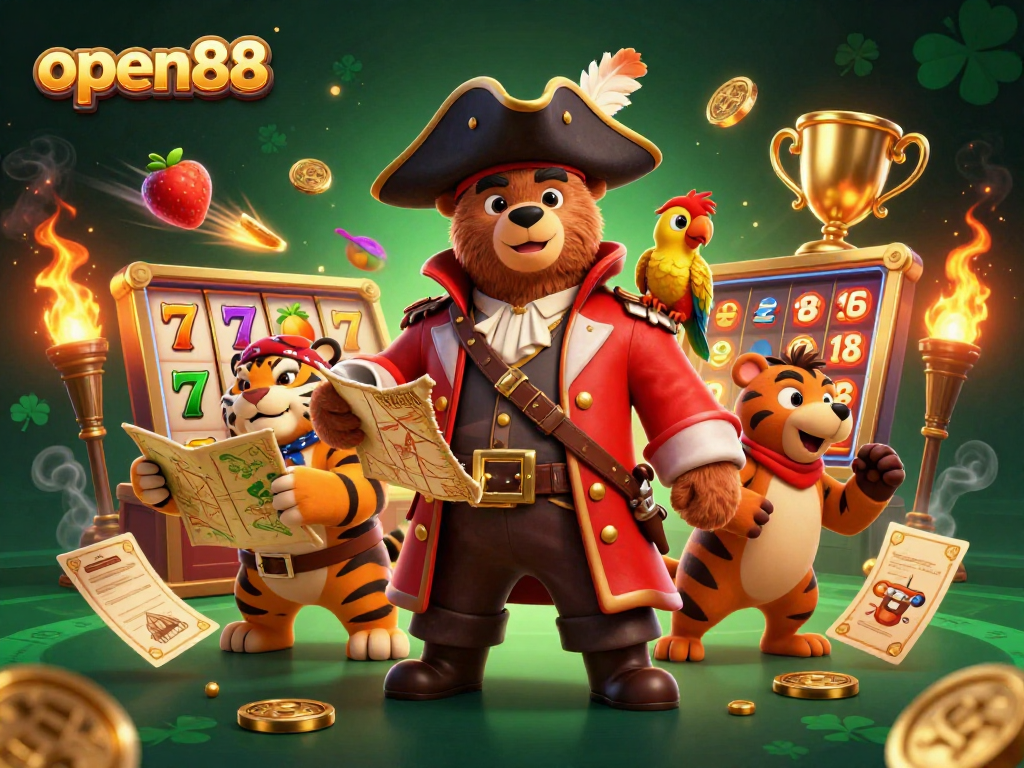 Join the fun with open88's vibrant slot reels and characters in an epic casino scene.