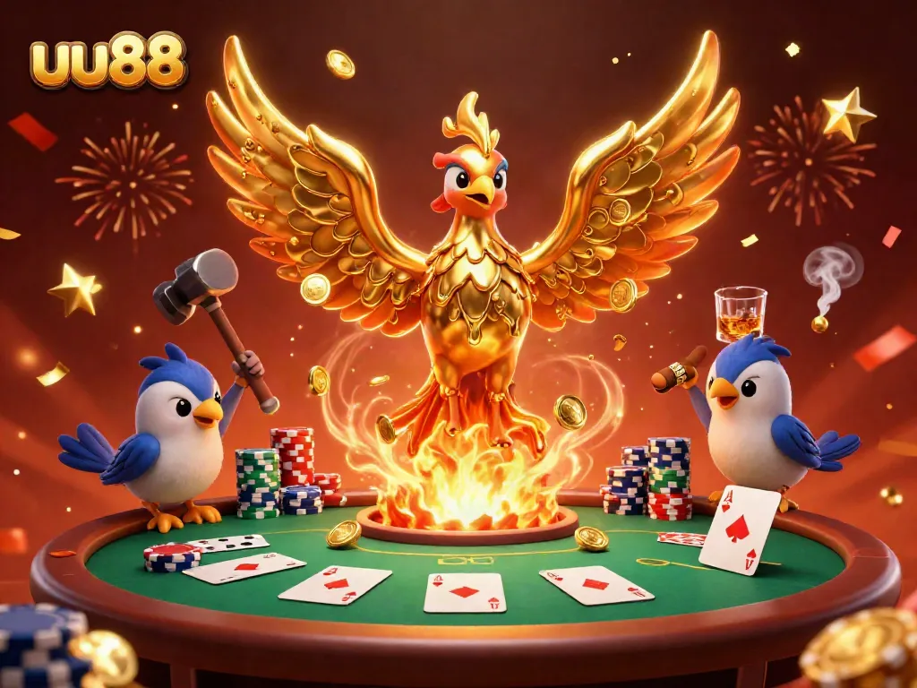 Engage with dynamic casino action featuring uu88, showcasing a molten phoenix with poker elements.