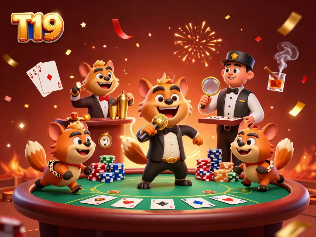 T19 stands prominently in a vibrant comedy casino scene featuring hyenas entertaining and serving drinks