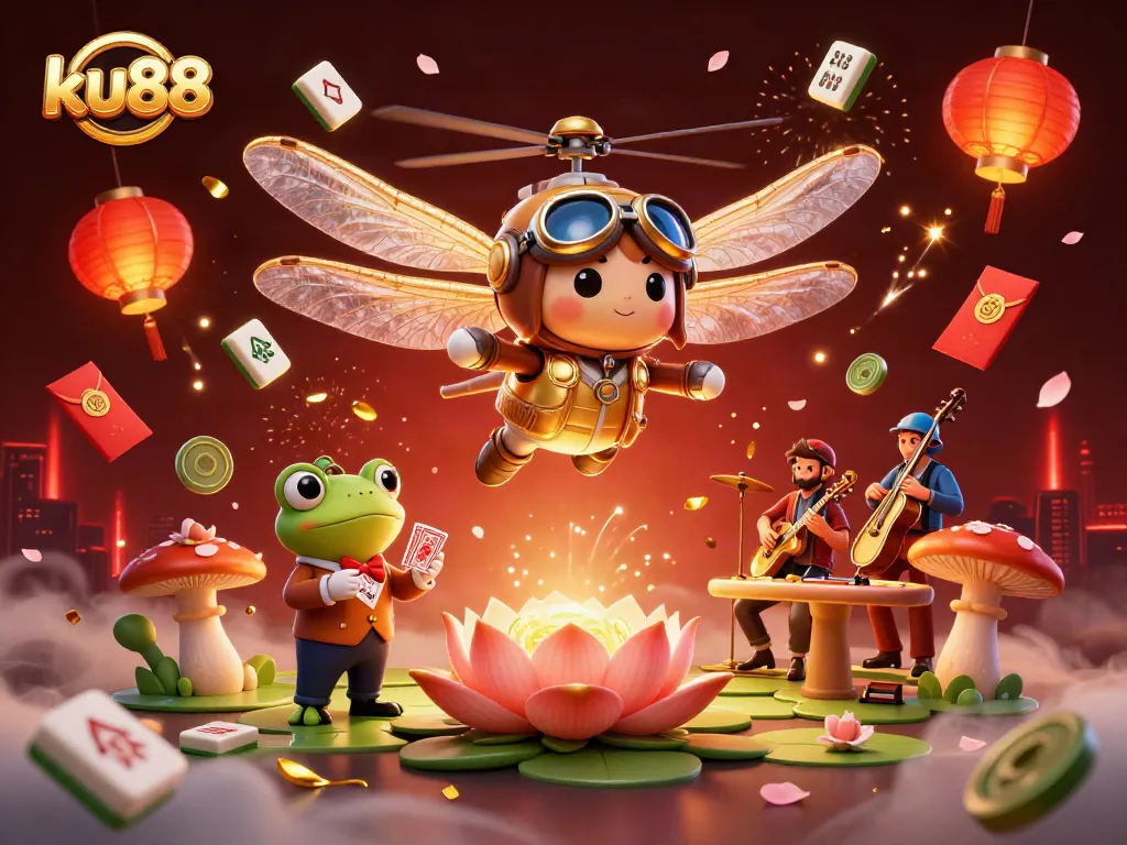 Engage with ku88’s vibrant casino scene as the dragonfly pilot navigates above, while the frog dealer manages the table below.