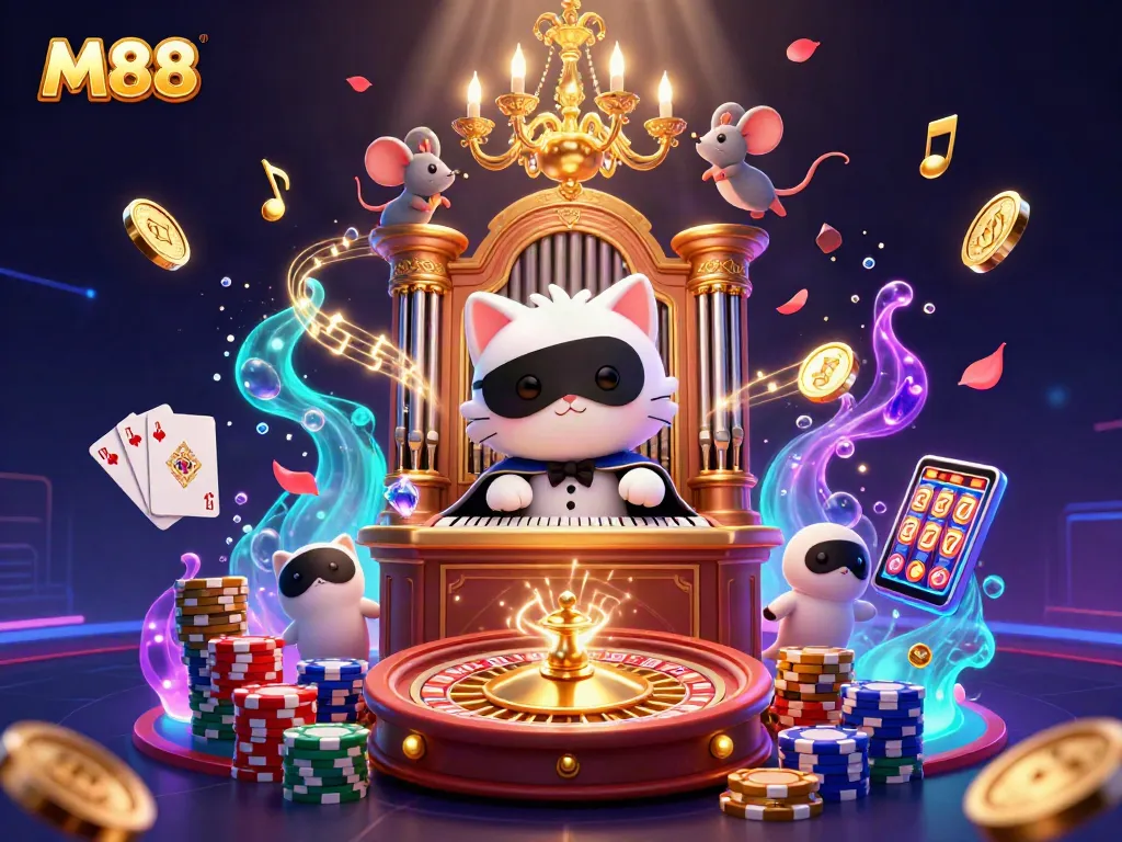 M88 casino characters playfully animated at a roulette wheel while juggling gold coins and gems.