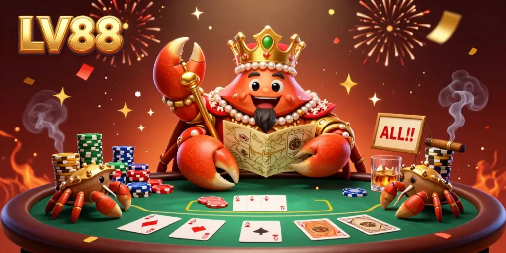 Experience the vibrant atmosphere of LV88 with a golden crab emperor presiding over a lively poker table.