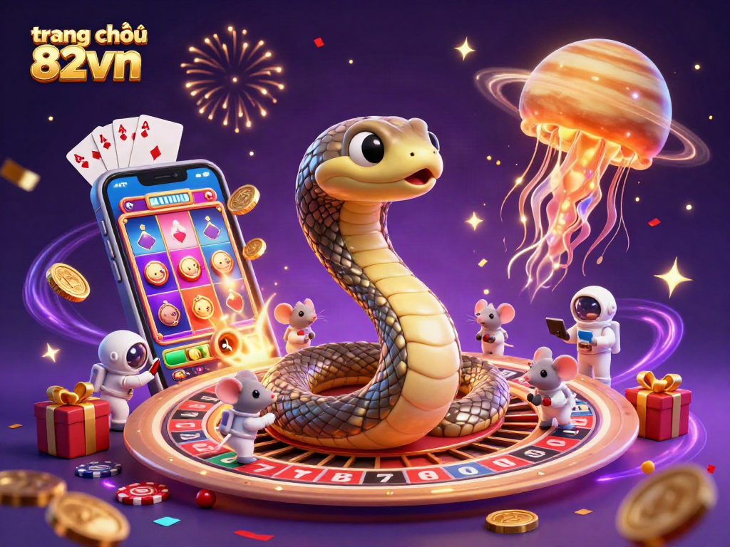 Experience exciting gameplay with trang chủ 82vn featuring a cosmic casino scene of a Saturn snake roulette and astronaut mice.