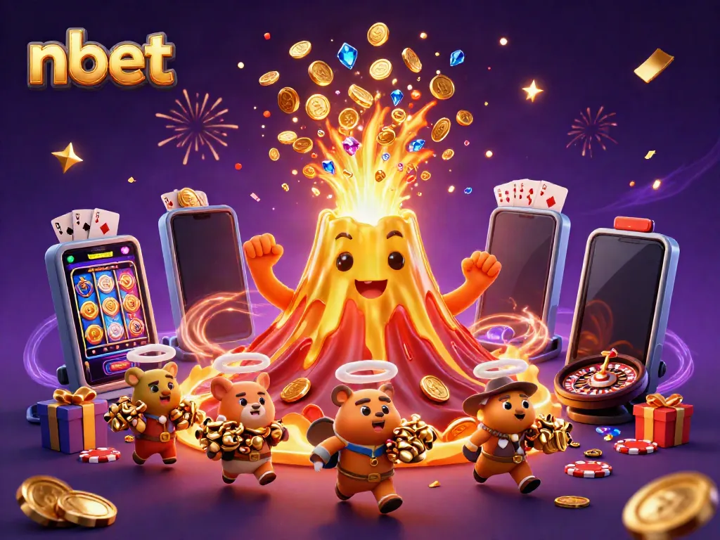 Experience thrilling nbet casino fun with a triumphant volcano and treasure-filled animals in a vibrant scene.