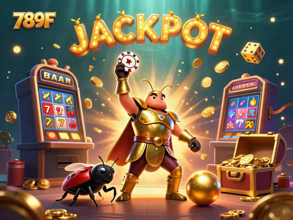 Experience the excitement of 789F with beetles celebrating a casino jackpot amidst colorful games and symbols.