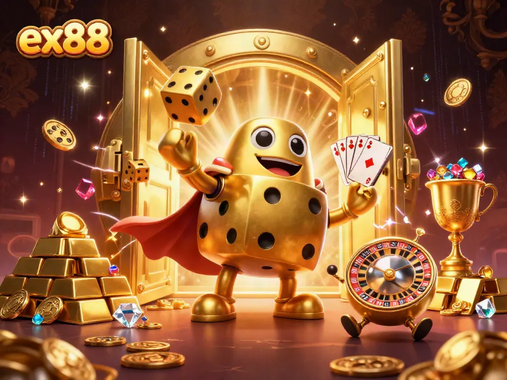 Engage with ex88 through a vibrant casino-themed dice illustration featuring a golden golem and flowing treasures.