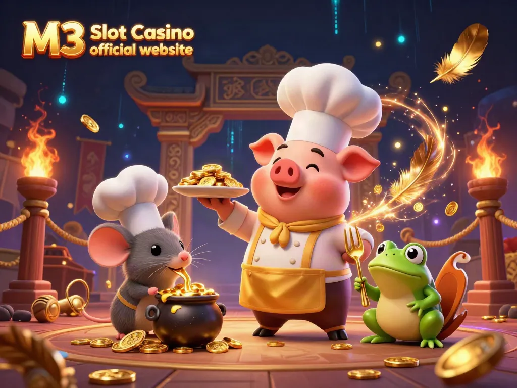 Experience the excitement at M3 Slot Casino official website with a dynamic illustration of thrilling casino action and rewards.