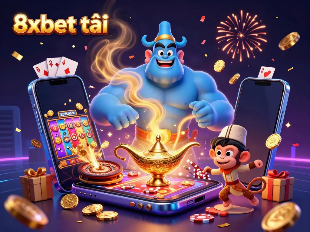 Experience 8xbet tải with a vibrant scene of a genie, monkey, and poker-themed magic carpet.