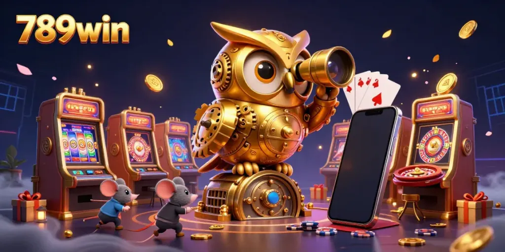 Celebrate wins at 789win with a whimsical 3D casino scene featuring a golden owl and wind-up mice navigating slot machines.