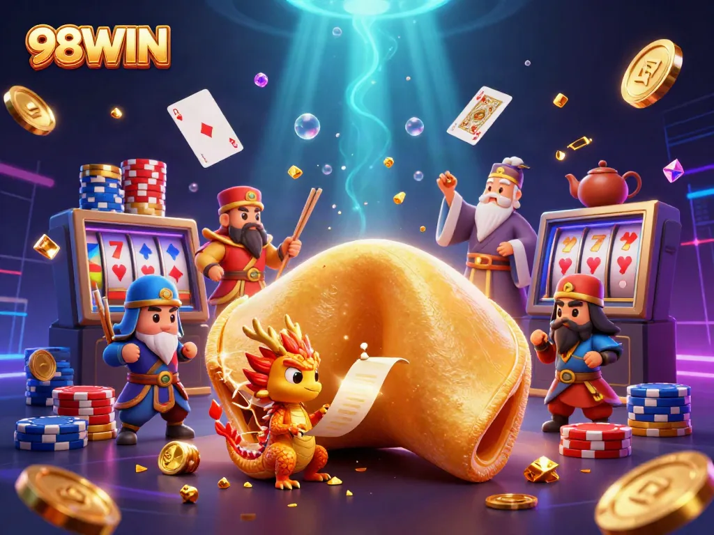Experience thrilling wins with 98WIN's vibrant casino scene featuring dynamic characters.