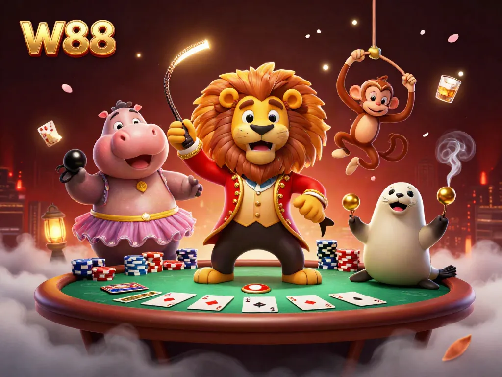 W88 illustrates thrilling casino action with vibrant characters and engaging poker elements in a dynamic scene.