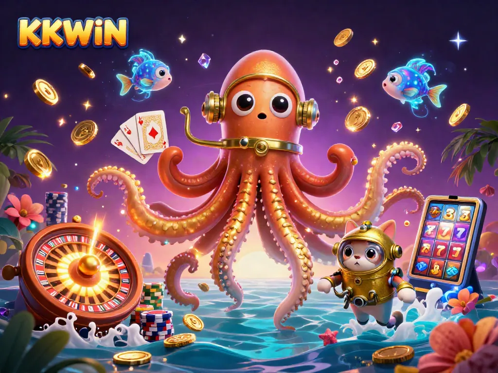 Experience the thrill of KKWIN with a dynamic casino scene featuring golden tentacles, royal flush, and spinning roulette.