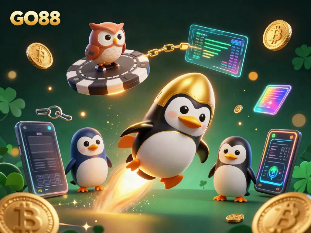 Experience GO88's exciting casino adventures with a golden penguin soaring through a neon-lit space, surrounded by crypto coins and gaming elements.