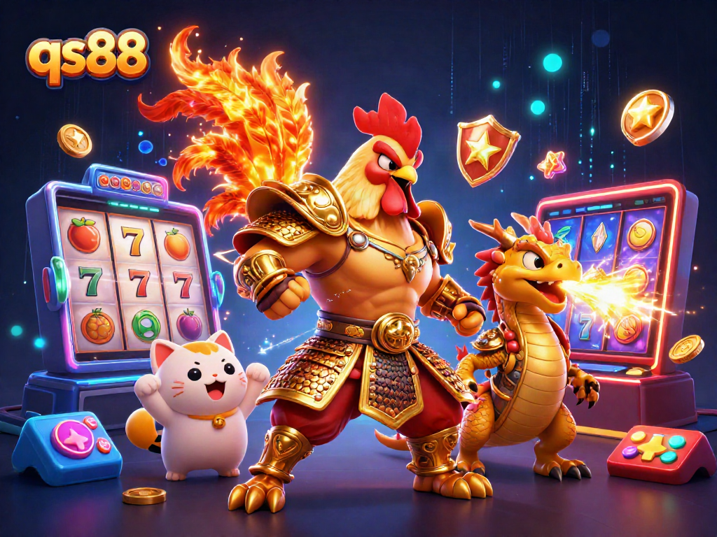 Spin the reels with qs88's 3D cartoon characters battling amidst vibrant slot machines.