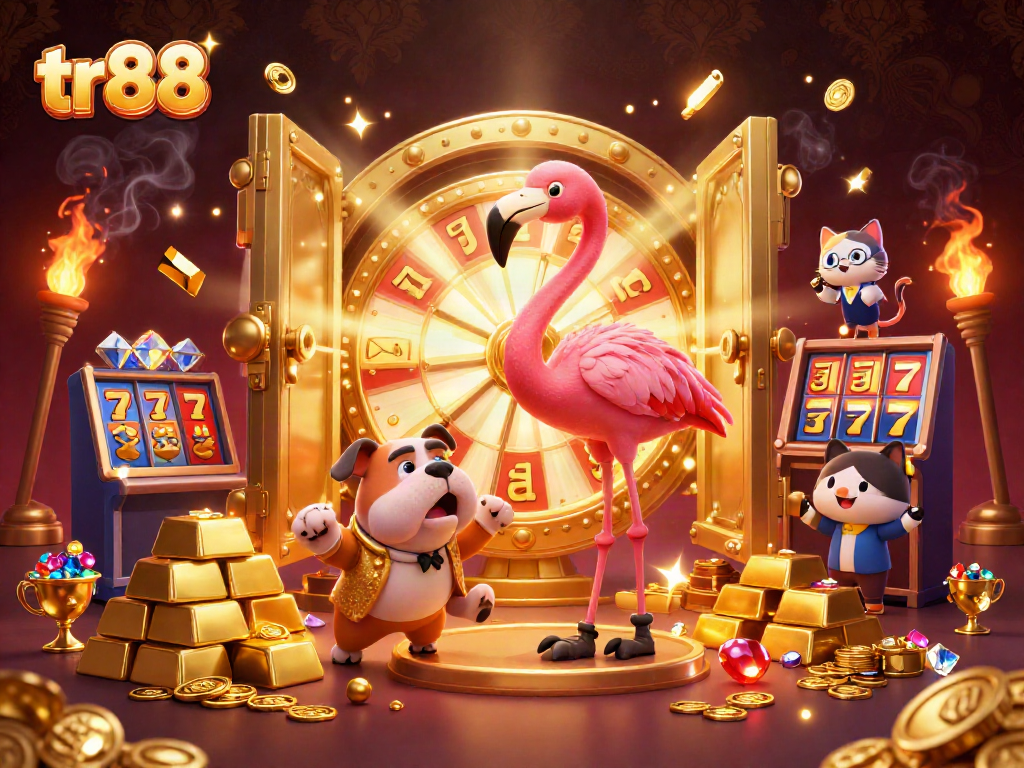 Engage with tr88 on an exciting prize wheel spin featuring golden treasures and dynamic characters.