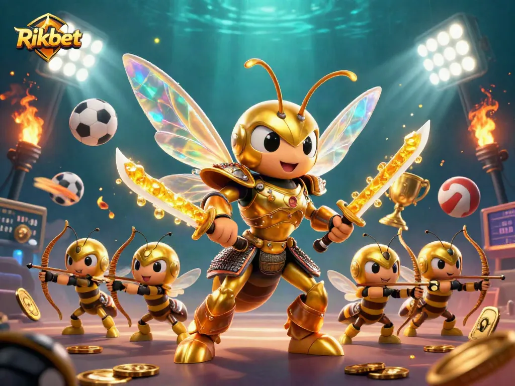Engage with Rikbet's dynamic sports betting scene featuring a giant golden hornet and flying sports elements.