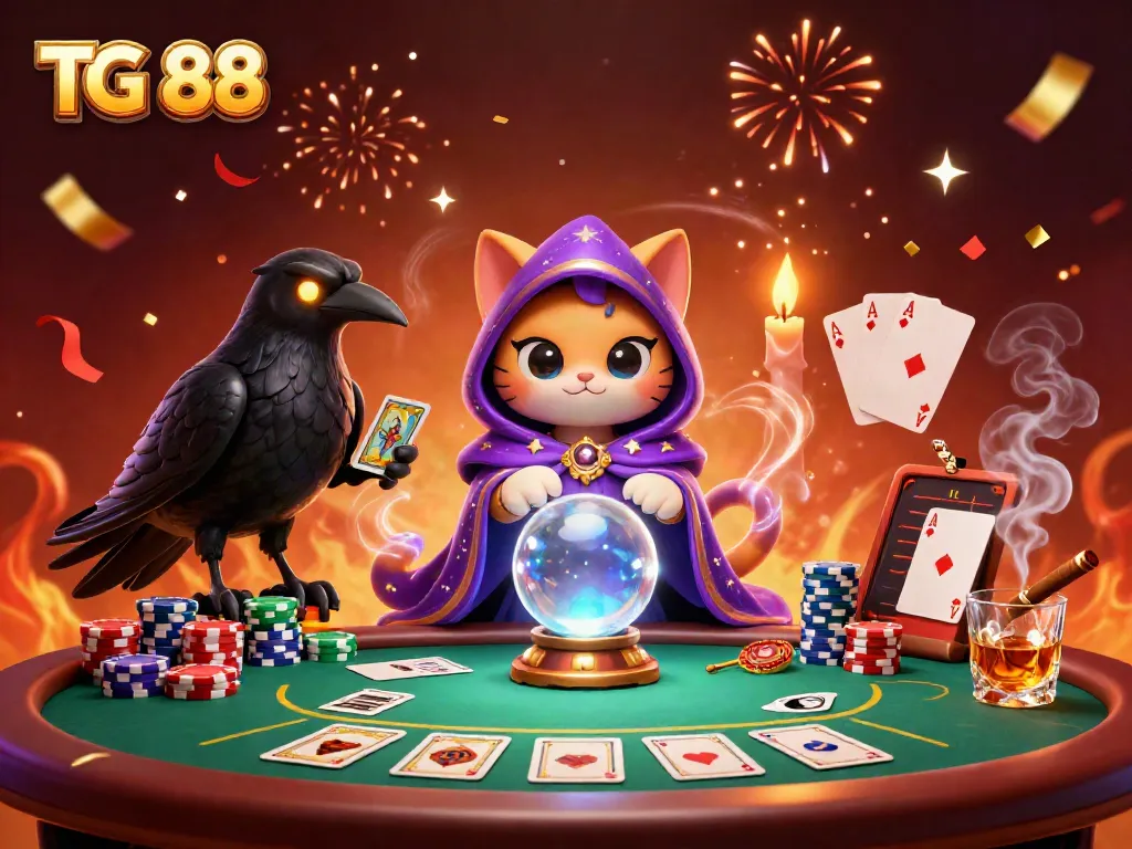 Engage with TG 88's dynamic casino experience, showcasing a mystical scene filled with vibrant characters and gaming elements.