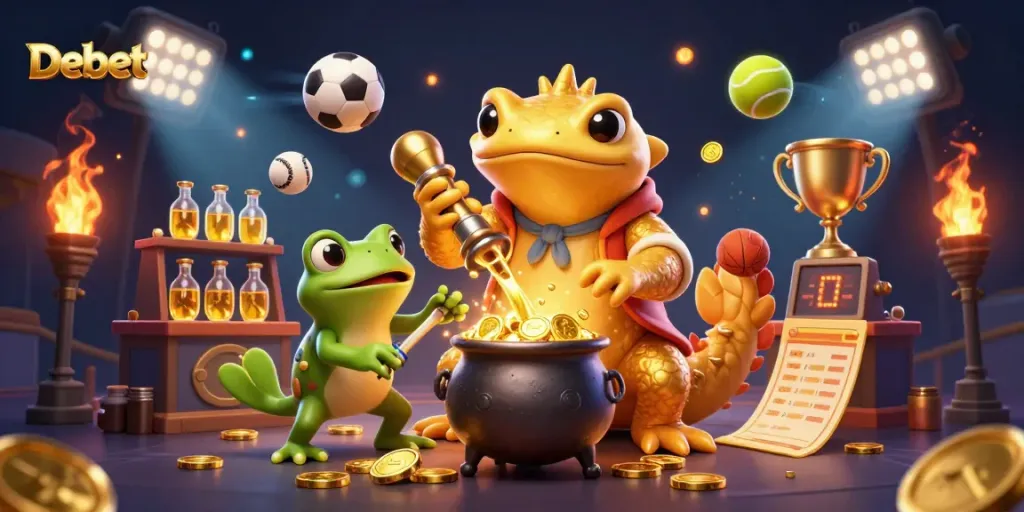 Bet on exciting sports with Debet's golden elements and dynamic action in this vibrant illustration.