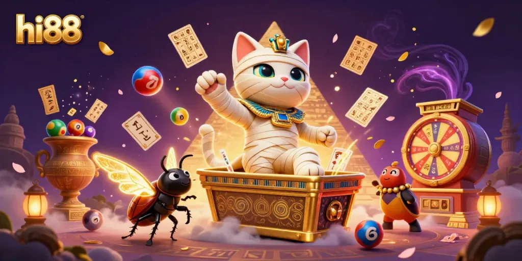 Engage with the hi88 online casino experience, featuring a vibrant mummy cat, mystical elements, and dynamic lottery activities.